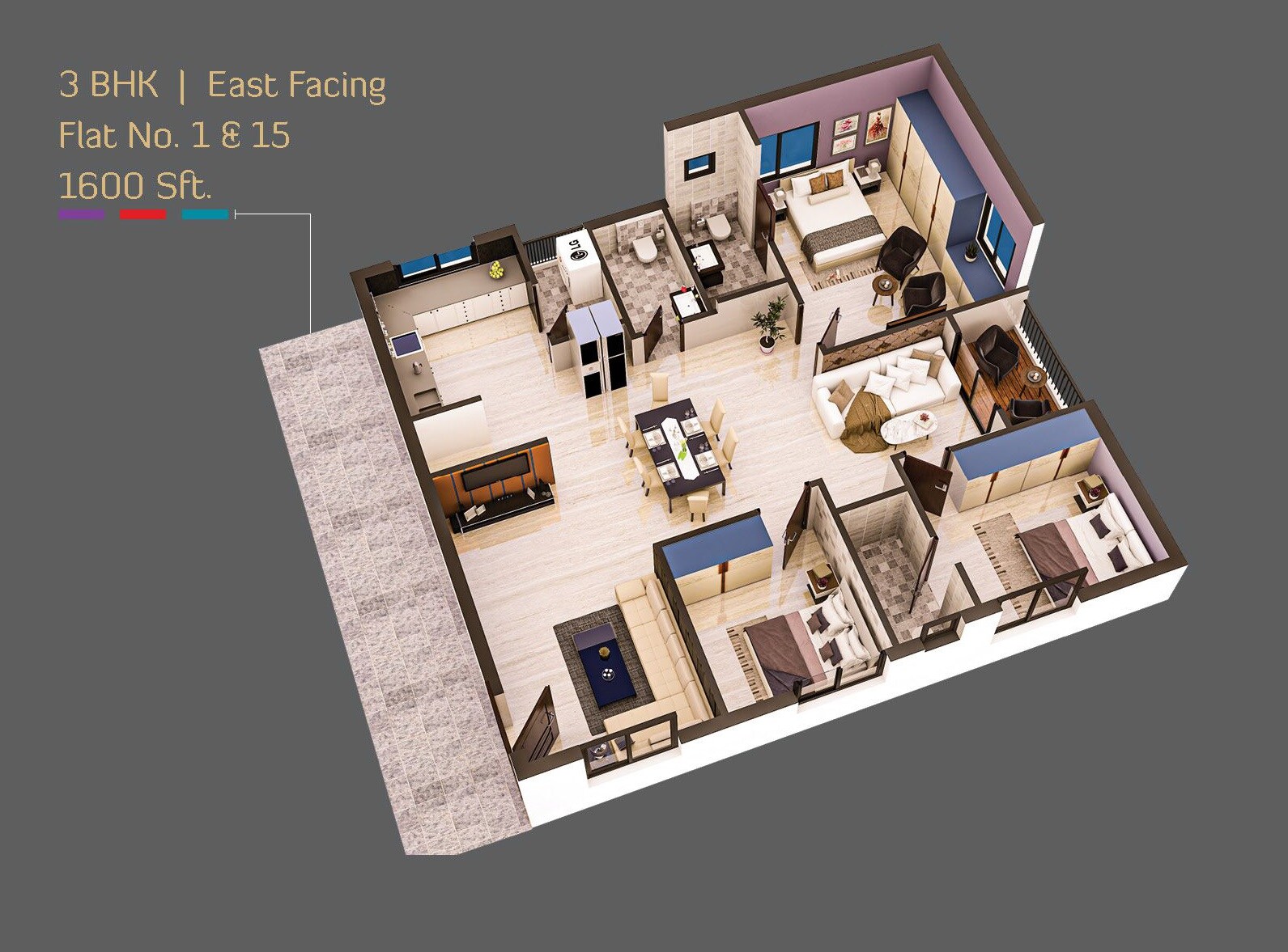 Floor plan of 3 BHK 1600 Sq. Ft. Apartment in Sri Achyuta Art Living Homes, Hyderabad