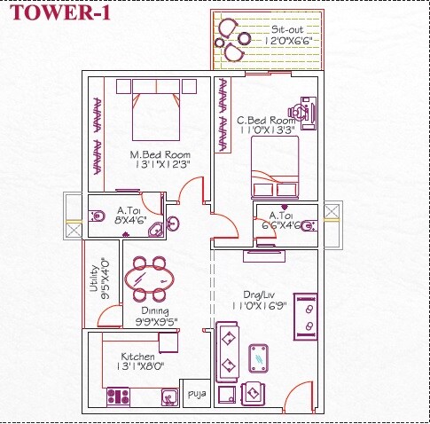 Floor plan of 2 BHK 1323 Sq. Ft. Apartment in Sri Aditya Squares Ornate, Hyderabad