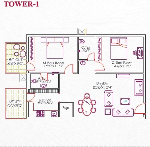 Floor plan of 2 BHK 1394 Sq. Ft. Apartment in Sri Aditya Squares Ornate, Hyderabad