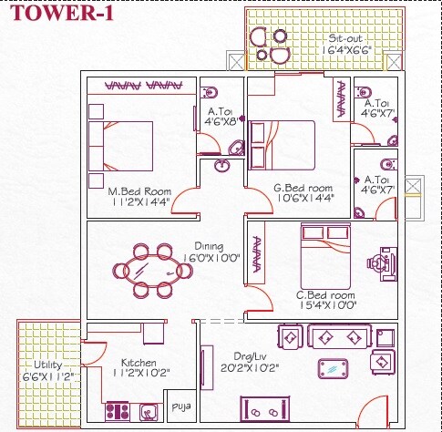 Floor plan of 3 BHK 1798 Sq. Ft. Apartment in Sri Aditya Squares Ornate, Hyderabad