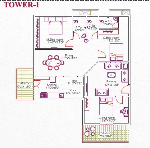 Floor plan of 3 BHK 1994 Sq. Ft. Apartment in Sri Aditya Squares Ornate, Hyderabad