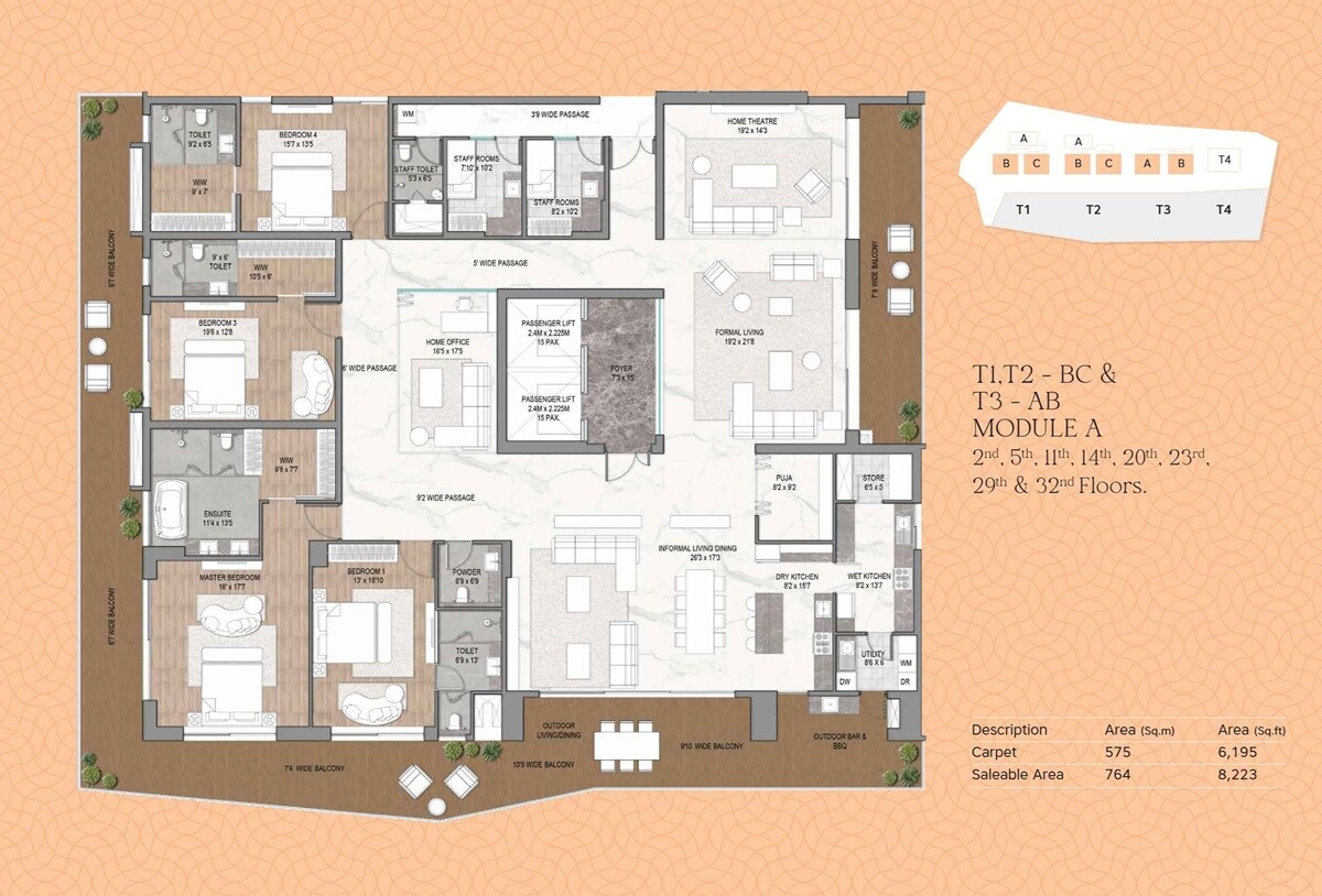 Floor plan of 4 BHK 8223 Sq. Ft. Apartment in Sri Aditya Vantage, Hyderabad