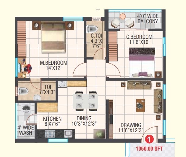 Floor plan of 2 BHK 1050 Sq. Ft. Apartment in Sri Anantha Sri Kamakshi Residency, Hyderabad