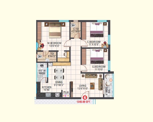 Floor plan of 3 BHK 1285 Sq. Ft. Apartment in Sri Anantha Sri Kamakshi Residency, Hyderabad