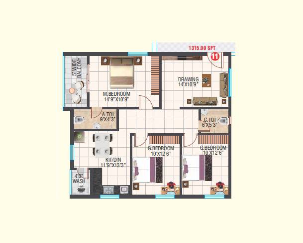 Floor plan of 3 BHK 1315 Sq. Ft. Apartment in Sri Anantha Sri Kamakshi Residency, Hyderabad