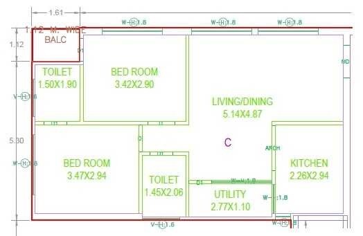 Floor plan of 2 BHK Apartment - 1075 sq. ft. in Sri Ankura Pride, Hyderabad