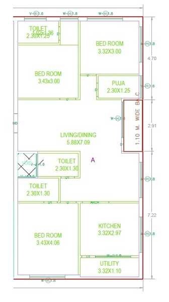 Floor plan of 3 BHK Apartment - 1485 sq. ft. in Sri Ankura Pride, Hyderabad