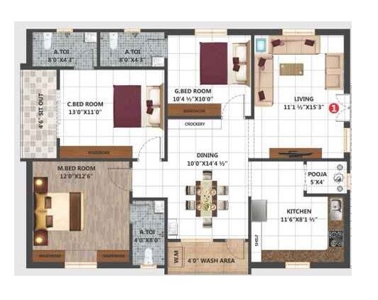 Floor plan of 3 BHK 1565 Sq. Ft. Apartment in Sri ANR Elite, Hyderabad