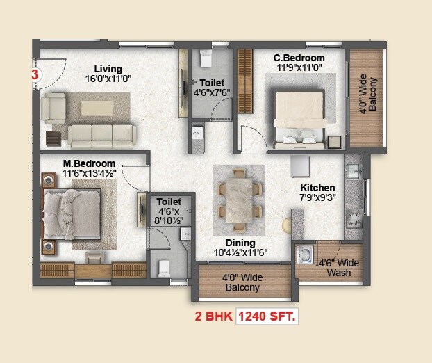 Floor plan of 2 BHK 1240 Sq. Ft. Apartment in SRI Bliss, Hyderabad