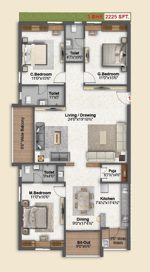 Floor plan of 3 BHK 2225 Sq. Ft. Apartment in SRI Bliss, Hyderabad