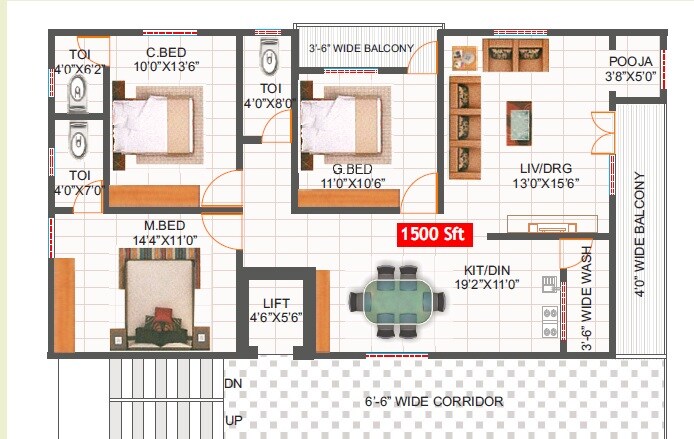Floor plan of 3 BHK Apartment - 1500 sq. ft. in Sri Devadatta Arcade, Hyderabad