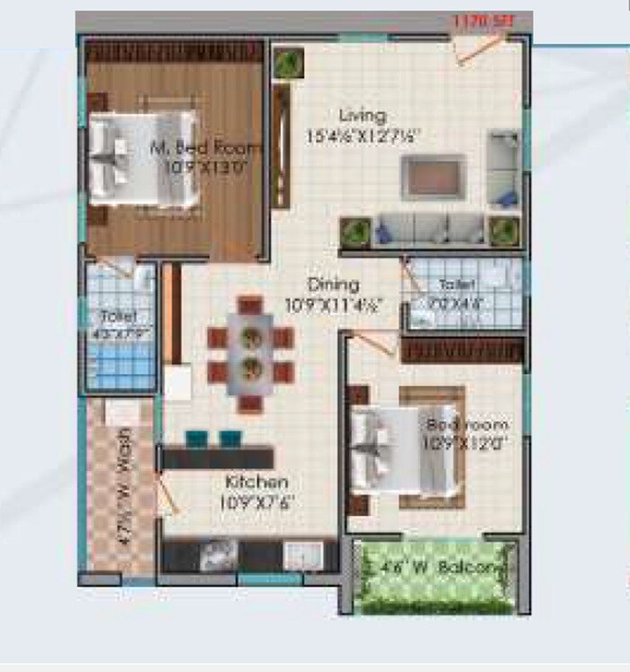 Floor plan of 2 BHK 1170 Sq. Ft. Apartment in Sri Dhanvi Jewel Park, Hyderabad
