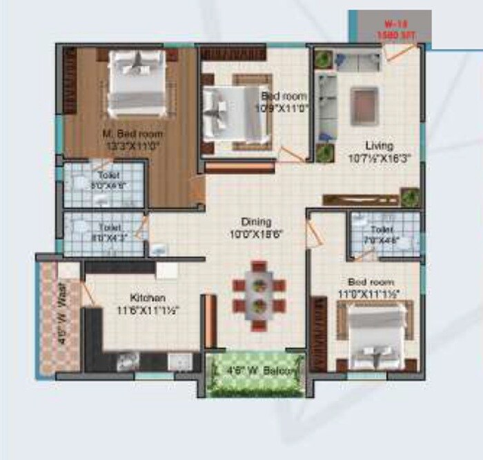 Floor plan of 3 BHK 1580 Sq. Ft. Apartment in Sri Dhanvi Jewel Park, Hyderabad