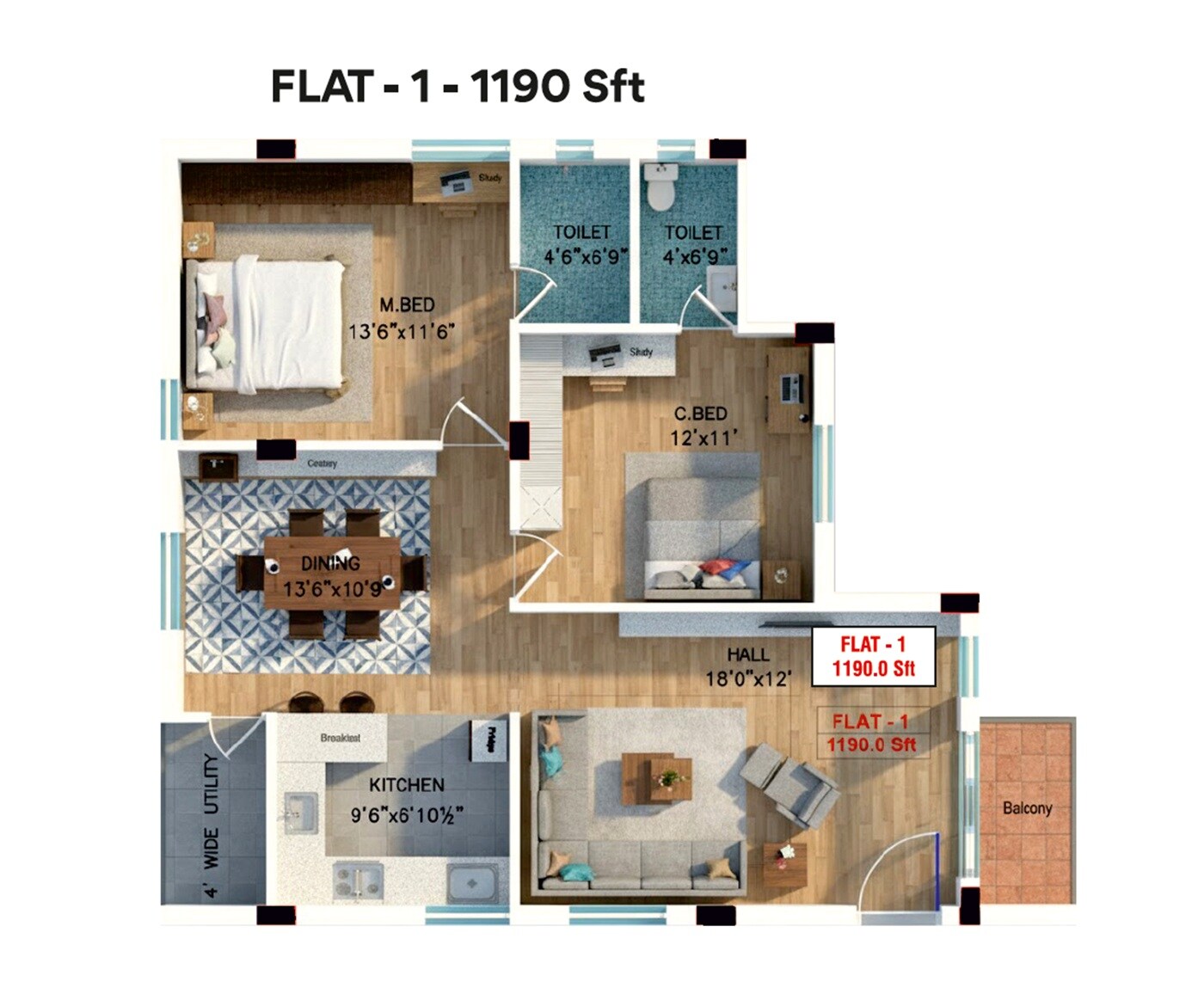 Floor plan of 2 BHK 1190 Sq. Ft. Apartment in Sri Eeshanya Fortunes, Hyderabad