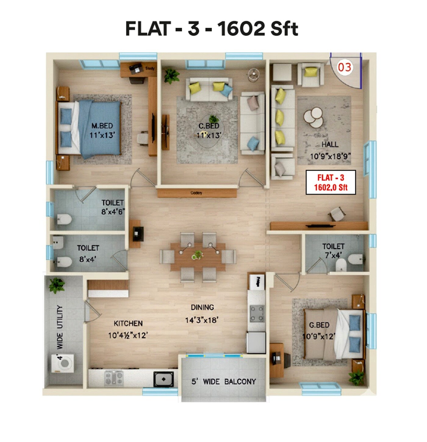 3 BHK 1602 Sq. Ft. Apartment