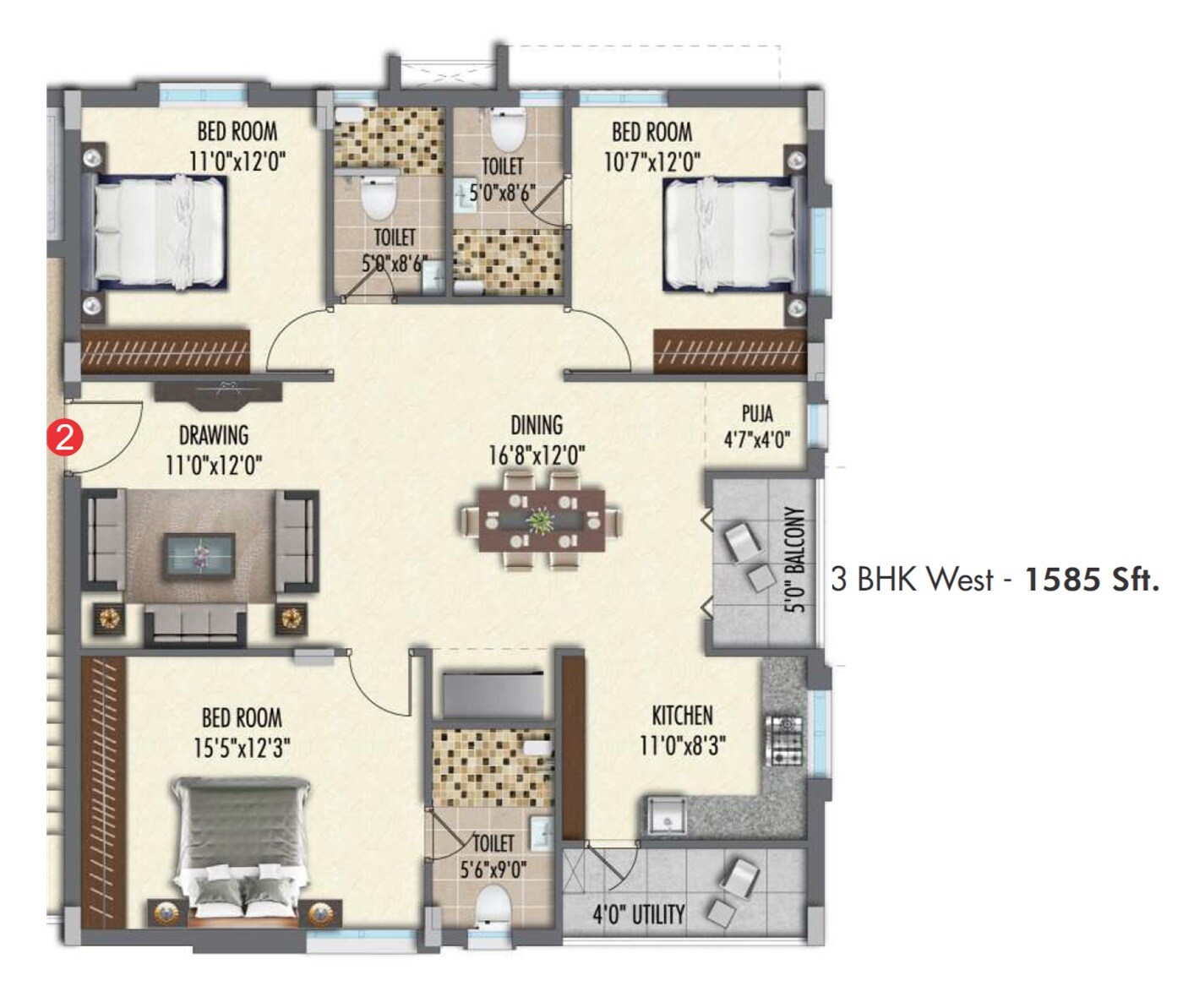 Floor plan of 3 BHK 1585 Sq. Ft. Apartment in Sri Fortune Habitat, Hyderabad