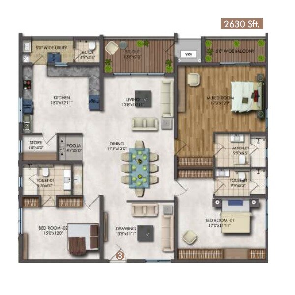 Floor plan of 3 BHK 2630 Sq. Ft. Apartment in Sri Fortune One, Hyderabad