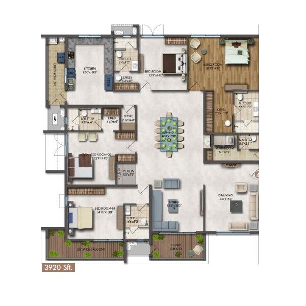 Floor plan of 3 BHK 3160 Sq. Ft. Apartment in Sri Fortune One, Hyderabad