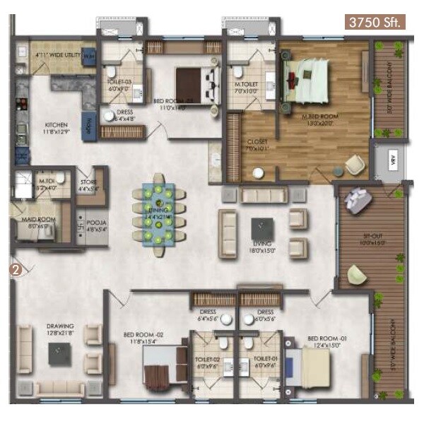Floor plan of 4 BHK 3750 Sq. Ft. Apartment in Sri Fortune One, Hyderabad
