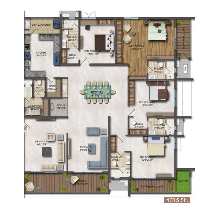 Floor plan of 4 BHK 4015 Sq. Ft. Apartment in Sri Fortune One, Hyderabad