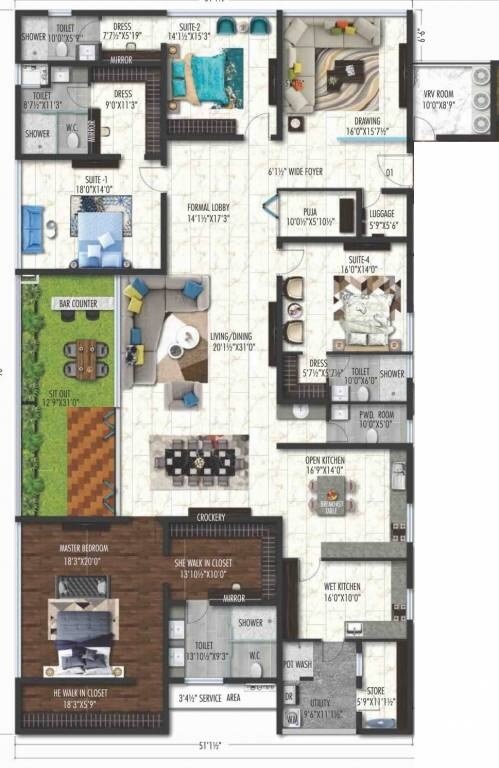Floor plan of 4 BHK 6333 Sq. Ft. Apartment in Sri Fortune Sonthalia Sky Villas, Hyderabad