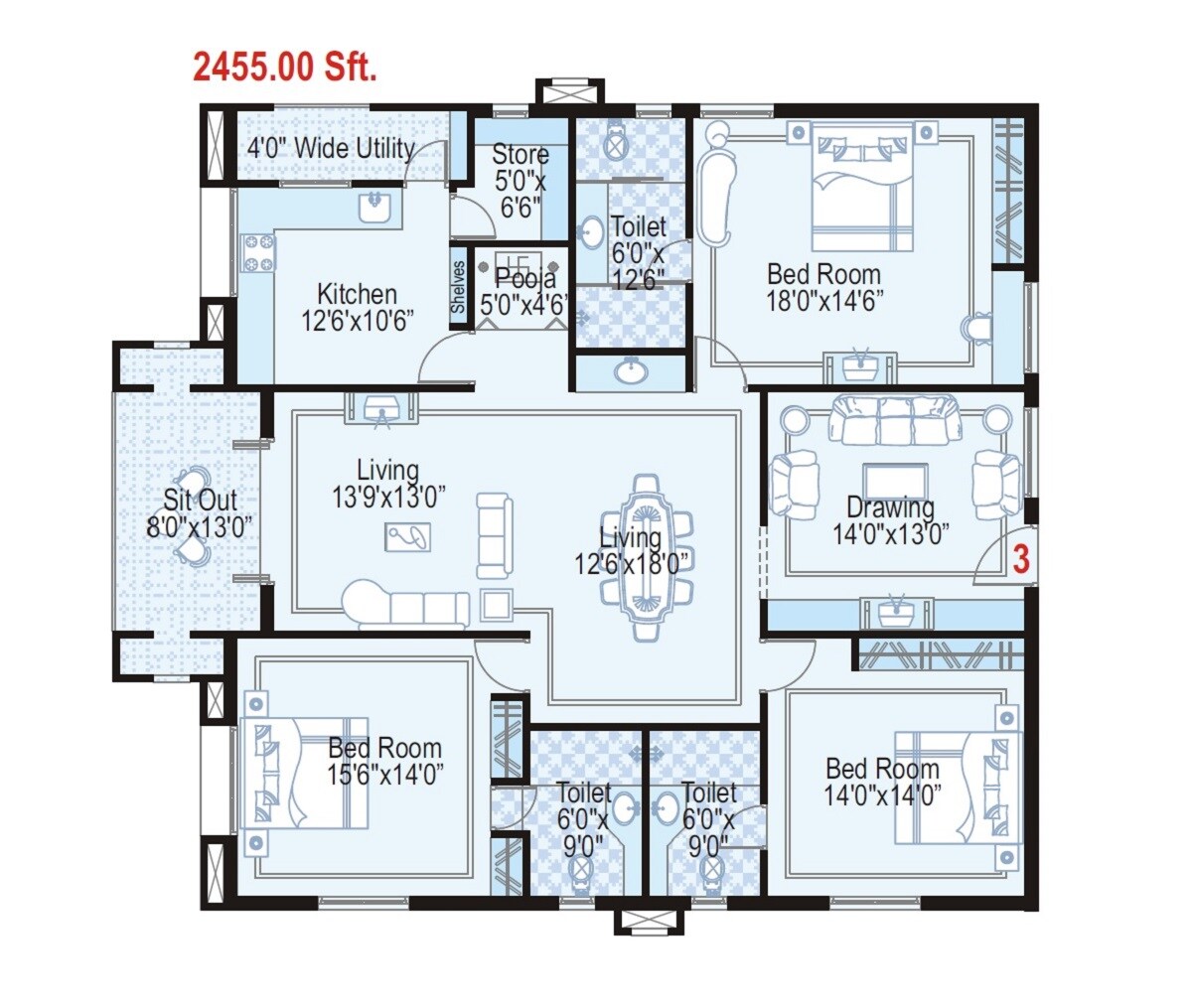 3 BHK 2455 Sq. Ft. Apartment