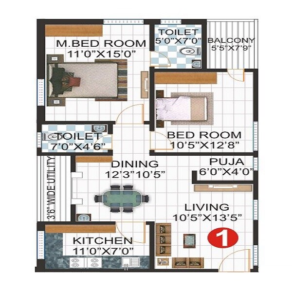 Floor plan of 2 BHK Apartment - 1120 sq. ft. in Sri Gajanana Enclave, Hyderabad