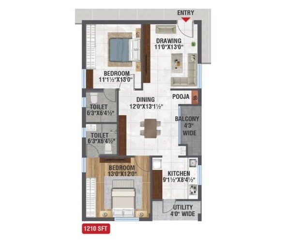 Floor plan of 2 BHK 1210 Sq. Ft. Apartment in Sri Gayatri Avani, Hyderabad