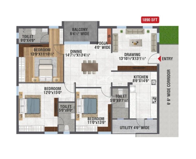 Floor plan of 3 BHK 1890 Sq. Ft. Apartment in Sri Gayatri Avani, Hyderabad