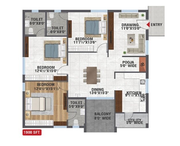 Floor plan of 3 BHK 1900 Sq. Ft. Apartment in Sri Gayatri Avani, Hyderabad