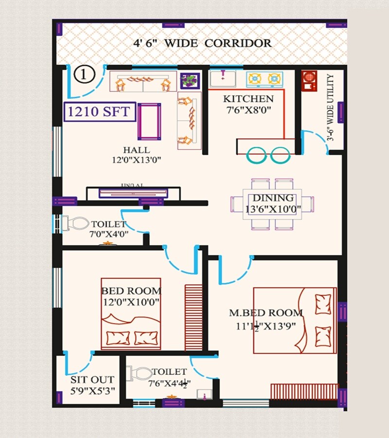Floor plan of 2 BHK Apartment - 1210 sq. ft. in Sri Harmony Avenues, Hyderabad