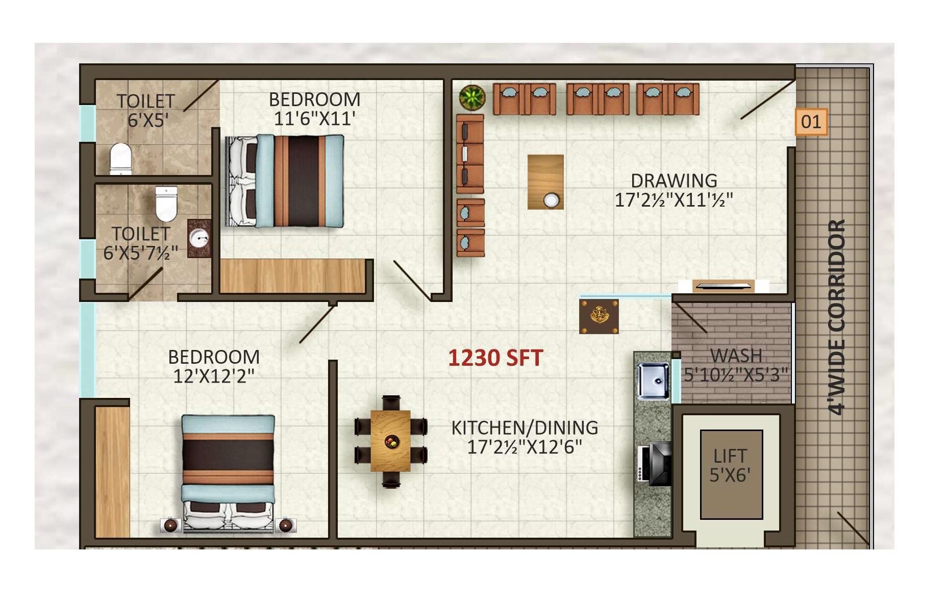 Floor plan of 2 BHK 1230 Sq. Ft. Apartment in Sri Havens, Hyderabad