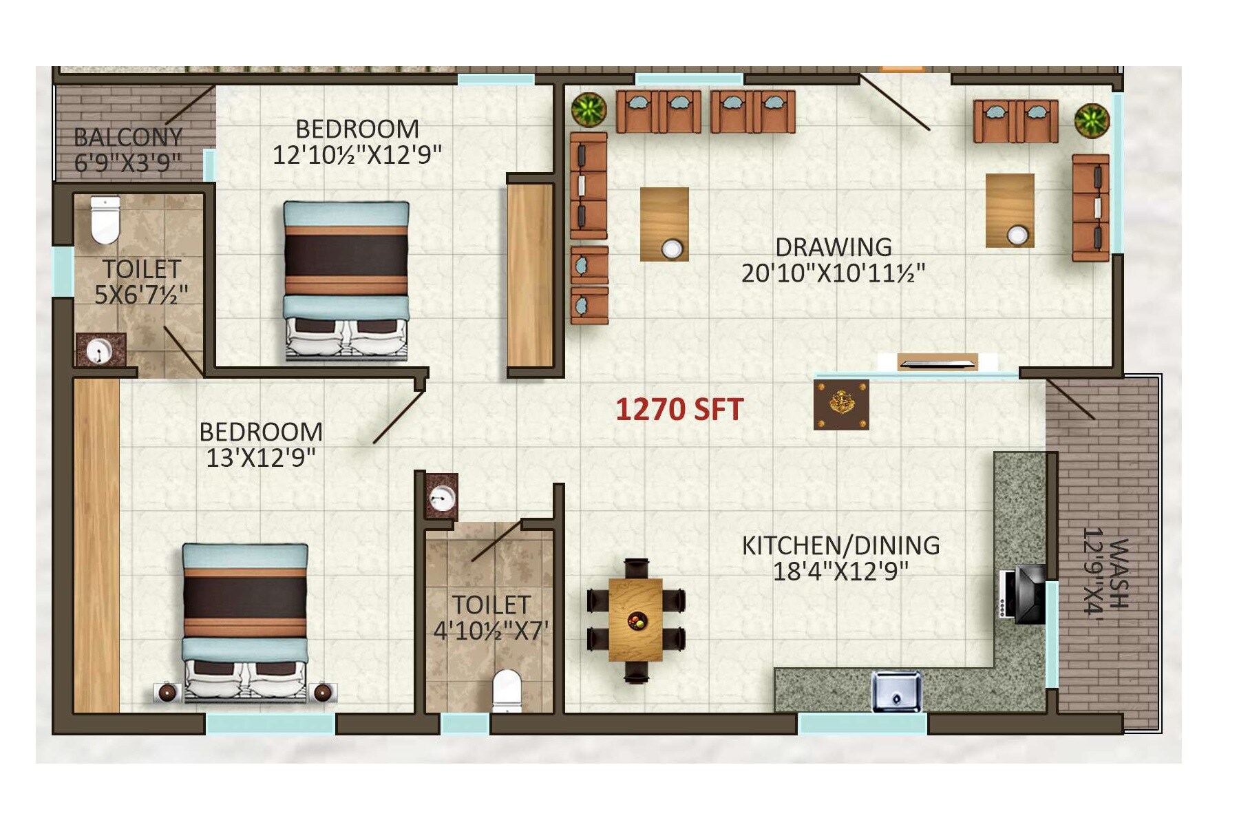 Floor plan of 2 BHK 1270 Sq. Ft. Apartment in Sri Havens, Hyderabad