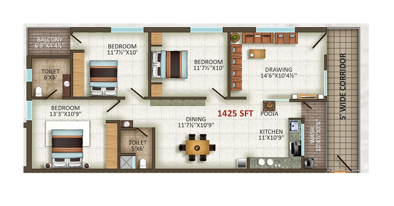 Floor plan of 3 BHK 1425 Sq. Ft. Apartment in Sri Havens, Hyderabad