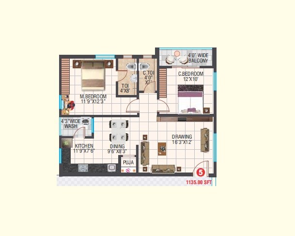 Floor plan of 2 BHK 1135 Sq. Ft. Apartment in Sri Kamakshi Residency Bahadurpally, Hyderabad