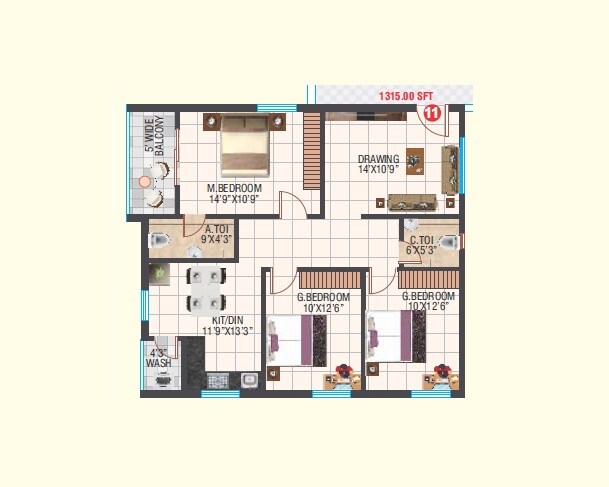 Floor plan of 3 BHK 1315 Sq. Ft. Apartment in Sri Kamakshi Residency Bahadurpally, Hyderabad