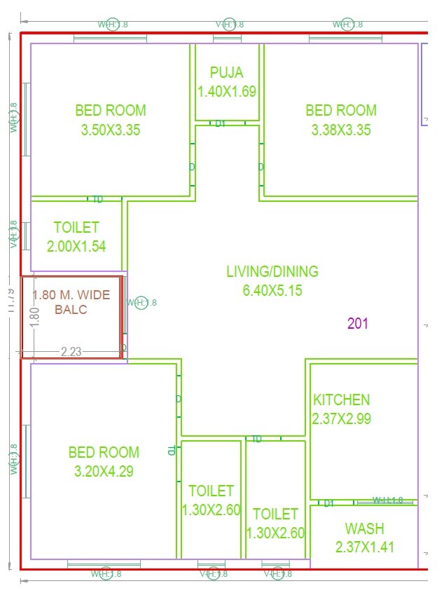 Floor plan of 3 BHK 1600 Sq. Ft. Apartment in Sri Kamakshi Residency Uppal, Hyderabad