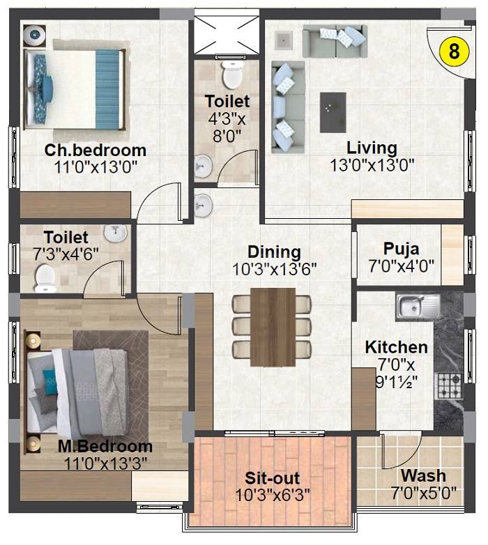 Floor plan of 2 BHK 1275 Sq. Ft. Apartment in Sri Kolan Estates, Hyderabad