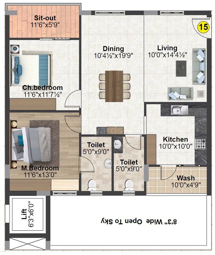 Floor plan of 2 BHK 1325 Sq. Ft. Apartment in Sri Kolan Estates, Hyderabad