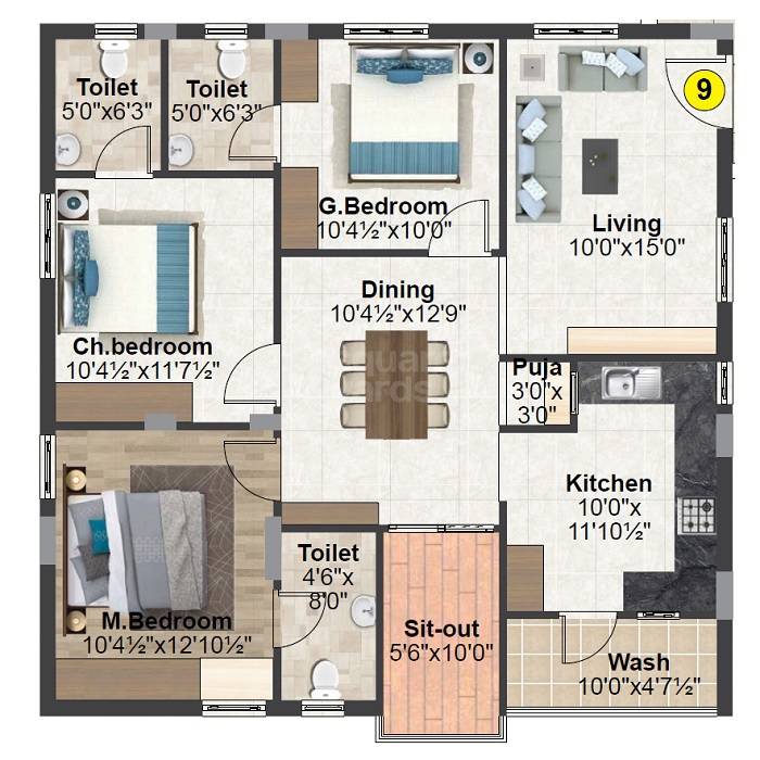 Floor plan of 3 BHK 1370 Sq. Ft. Apartment in Sri Kolan Estates, Hyderabad