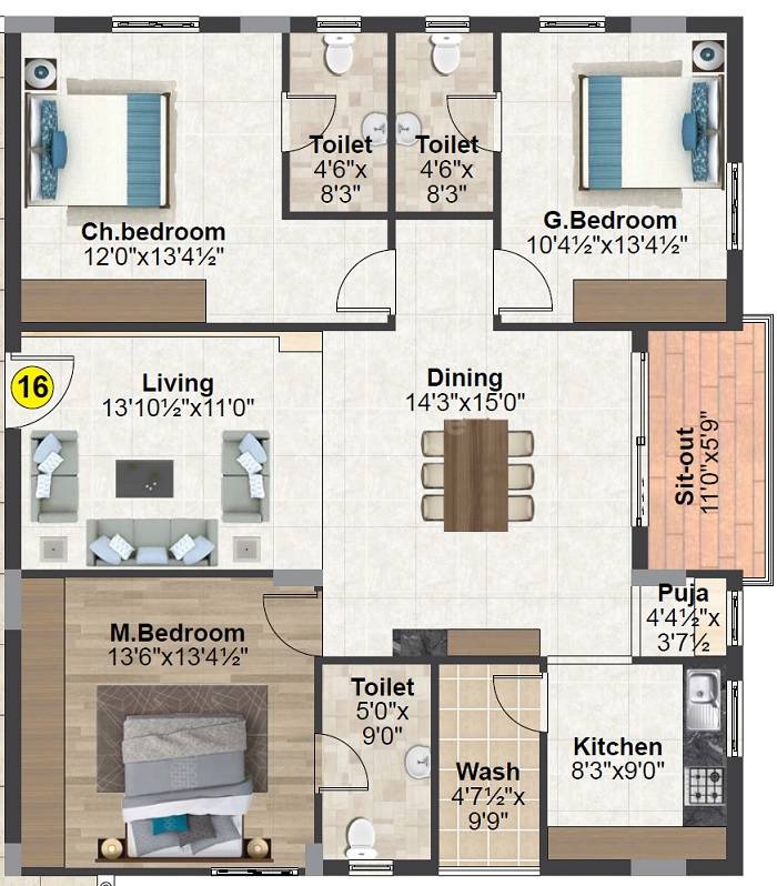 Floor plan of 3 BHK 1705 Sq. Ft. Apartment in Sri Kolan Estates, Hyderabad