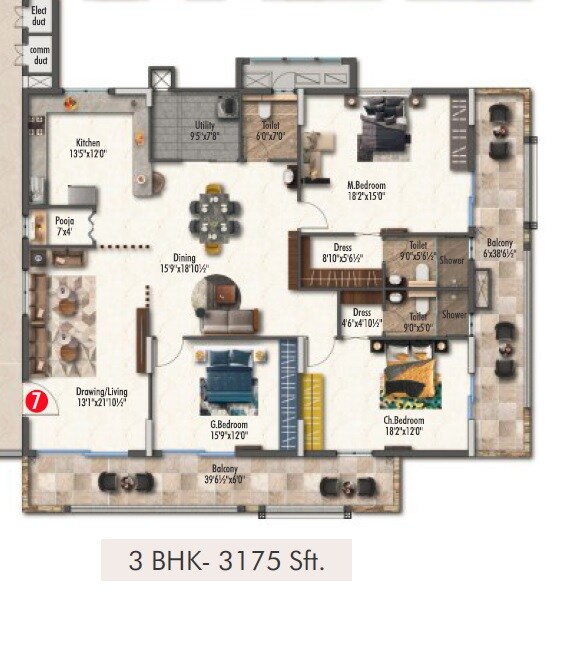 Floor plan of 3 BHK 3175 Sq. Ft. Apartment in Sri LVRS Tiara, Hyderabad