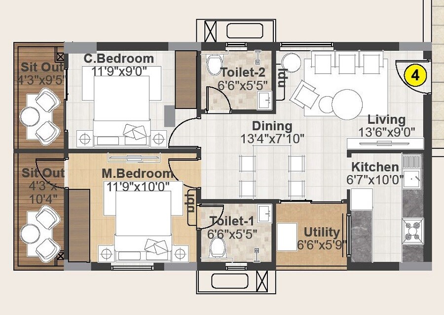 Floor plan of 2 BHK 1020 Sq. Ft. Apartment in Sri Muthyapaga S Icon, Hyderabad
