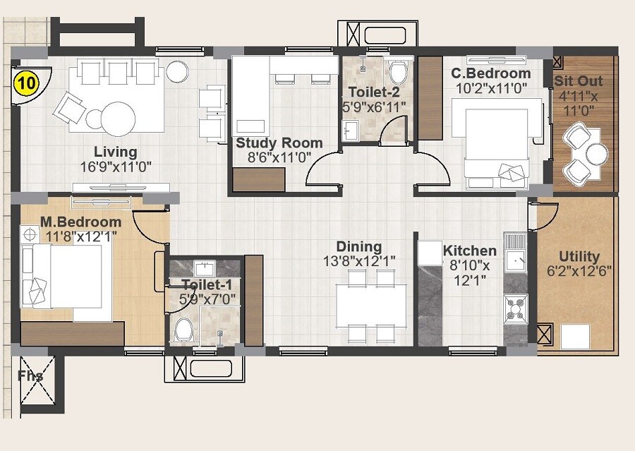 Floor plan of 2 BHK 1560 Sq. Ft. Apartment in Sri Muthyapaga S Icon, Hyderabad