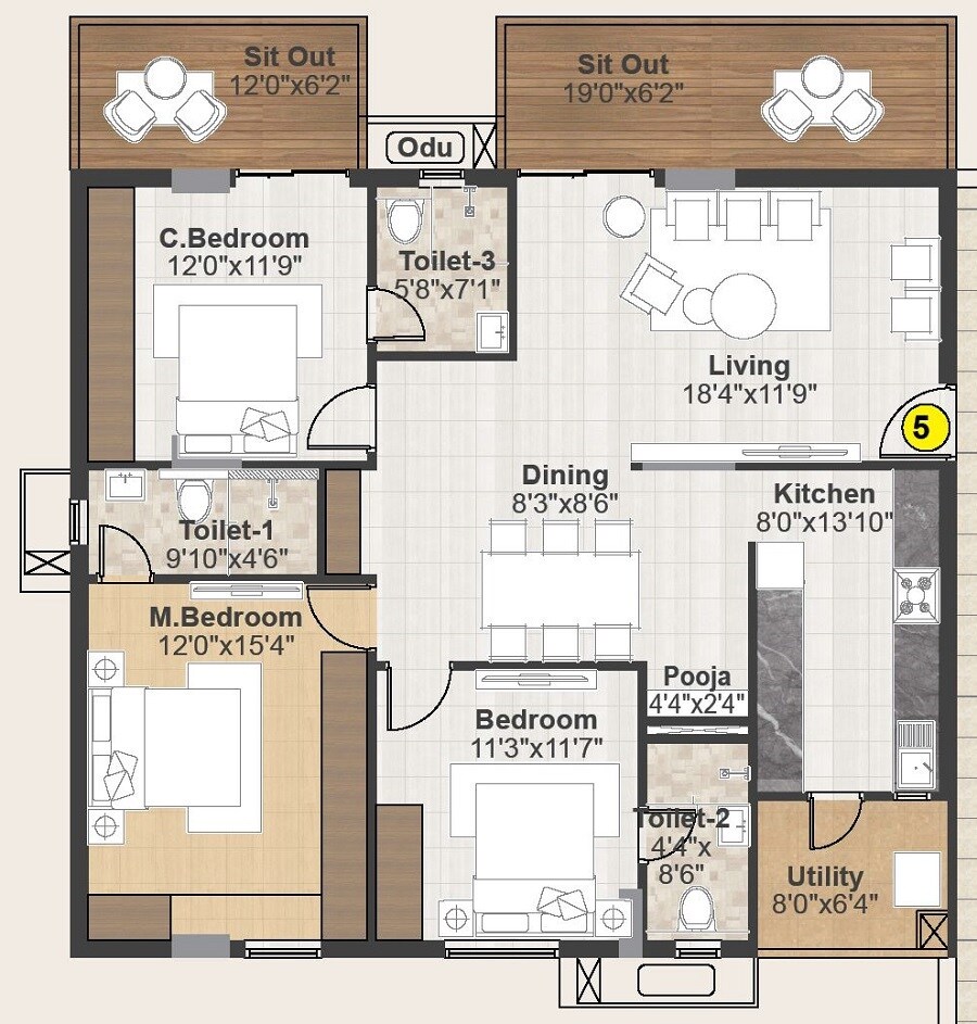 Floor plan of 3 BHK 1920 Sq. Ft. Apartment in Sri Muthyapaga S Icon, Hyderabad