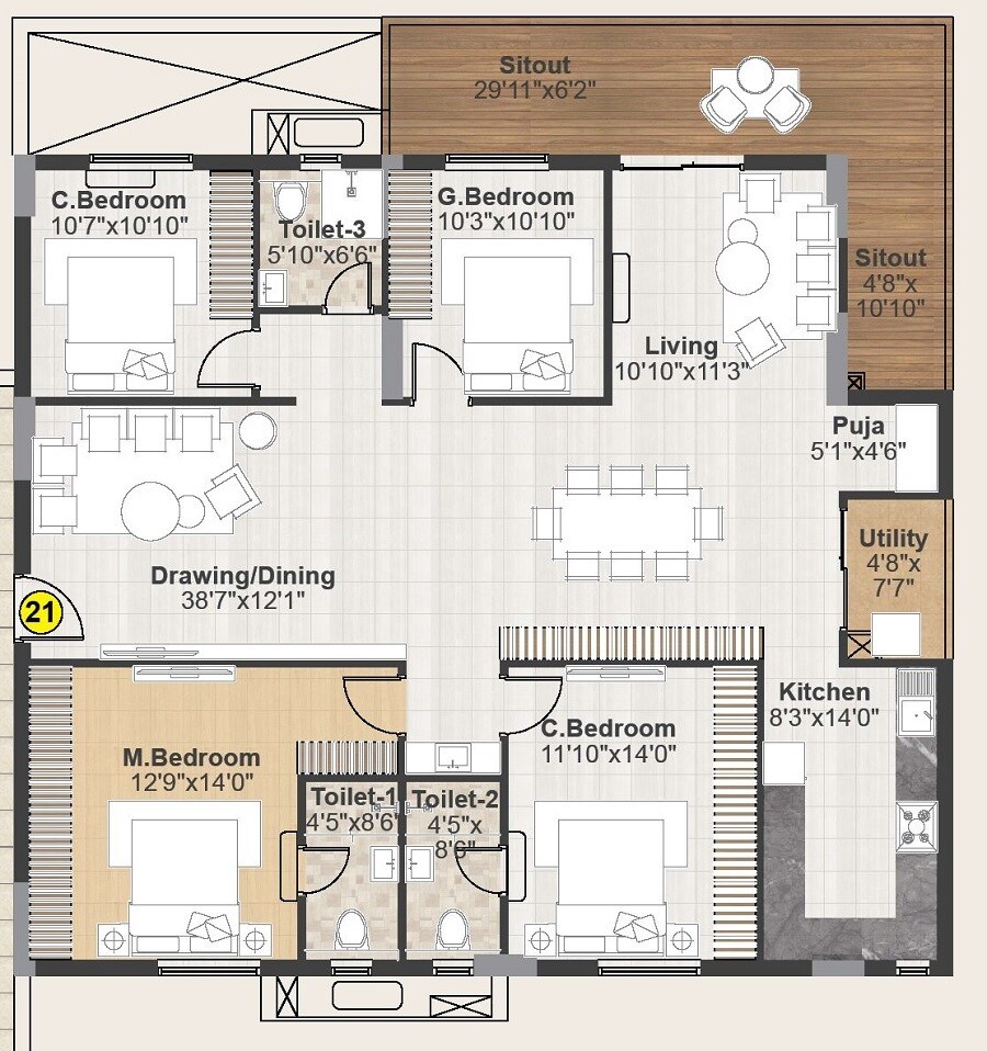Floor plan of 3 BHK 2480 Sq. Ft. Apartment in Sri Muthyapaga S Icon, Hyderabad