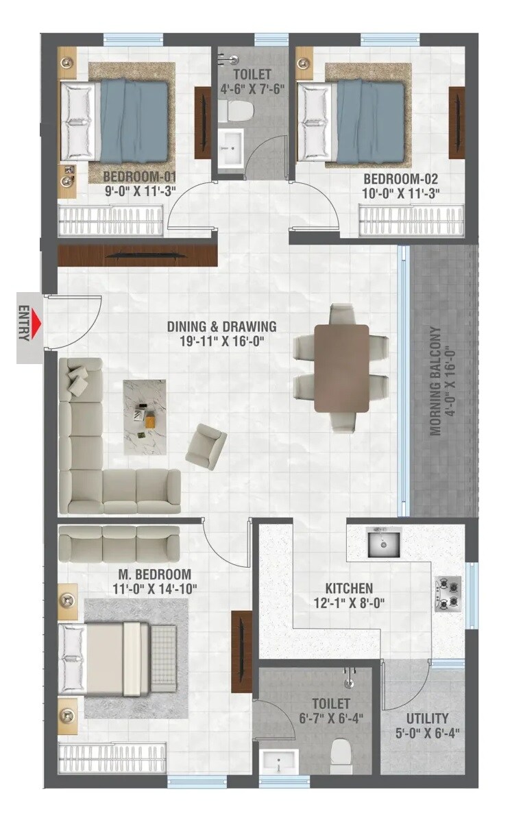 Floor plan of 3 BHK 1410 Sq. Ft. Apartment in NNK Myra, Hyderabad
