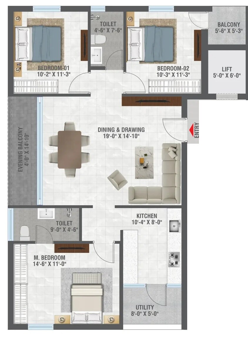 Floor plan of 3 BHK 1440 Sq. Ft. Apartment in NNK Myra, Hyderabad