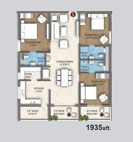 Floor plan of 3 BHK 1935 Sq. Ft. Apartment in Sri North Crest, Hyderabad
