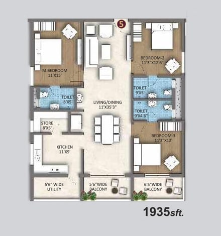 3 BHK 1935 Sq. Ft. Apartment